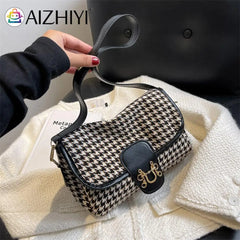 Vintage Houndstooth Print Shoulder Bag Women Woolen Cloth Crossbody Bags
