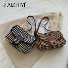 Vintage Houndstooth Print Shoulder Bag Women Woolen Cloth Crossbody Bags