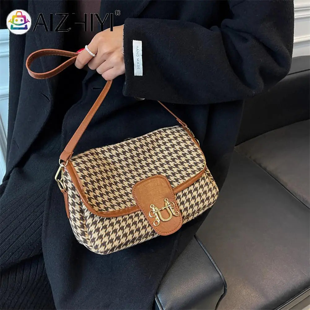 Vintage Houndstooth Print Shoulder Bag Women Woolen Cloth Crossbody Bags