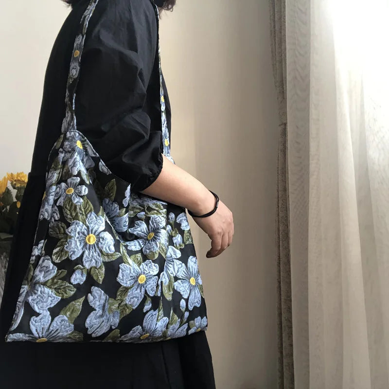 Vintage Jacquard Women Cloth Shoulder Shopping Bag Retro Ladies Underarm Bag