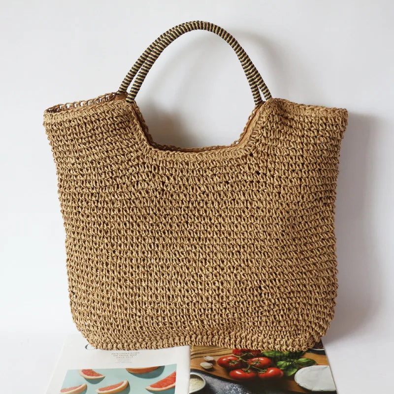 Vintage Straw Woman Tote Bag for Summer Beach