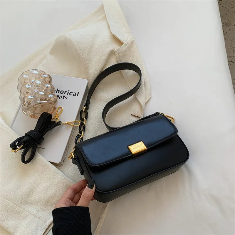 Vintage Ladies Wide Strap Flap Handbags Fall Winter Shoulder Armpit Purses