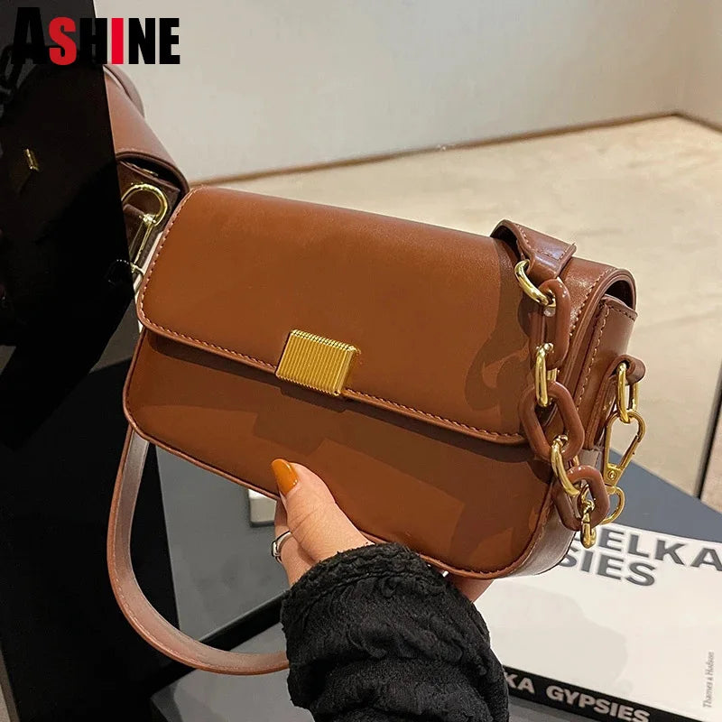 Vintage Ladies Wide Strap Flap Handbags Fall Winter Shoulder Armpit Purses