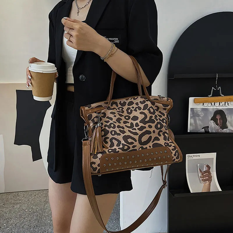 Leopard Print Canvas Tote Bag with Rivet Shoulder Strap