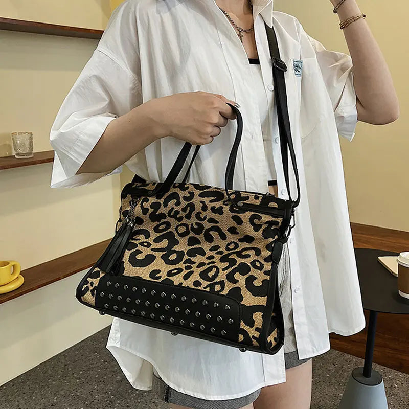 Leopard Print Canvas Tote Bag with Rivet Shoulder Strap