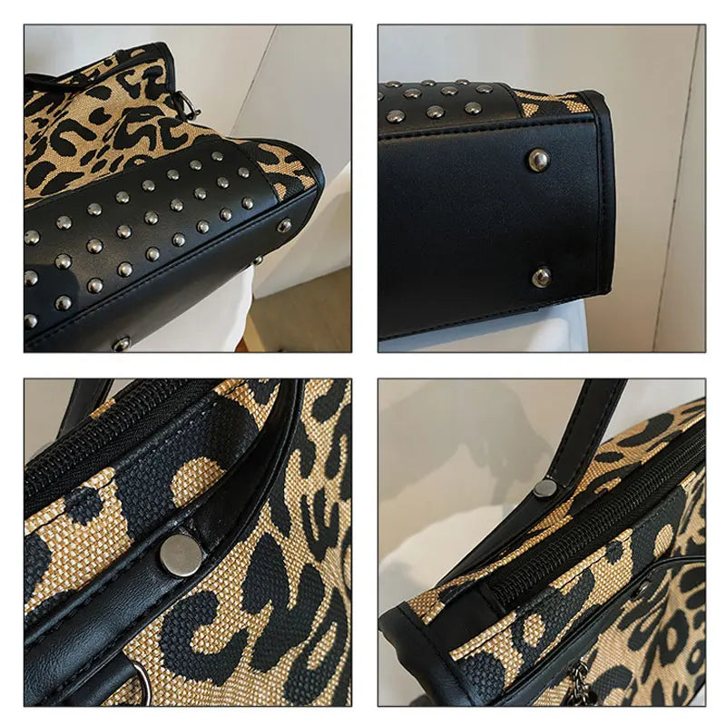 Leopard Print Canvas Tote Bag with Rivet Shoulder Strap