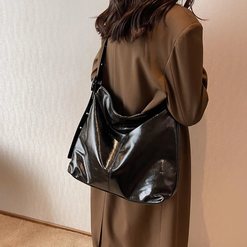 Vintage Large Capacity Women's Pu Shoulder Bag Soft Wide Shoulder Strap