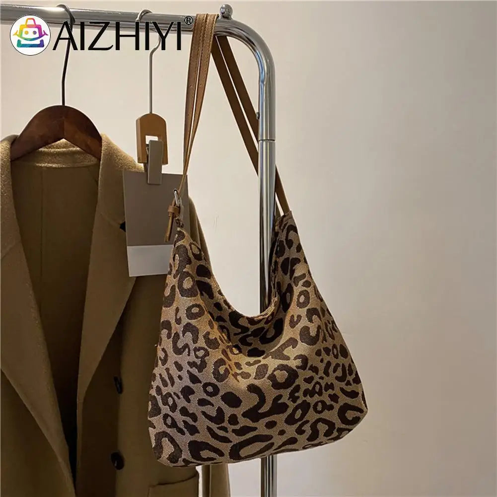Vintage Leopard Pattern Shoulder Bag Women Casual Large Capacity Handbag