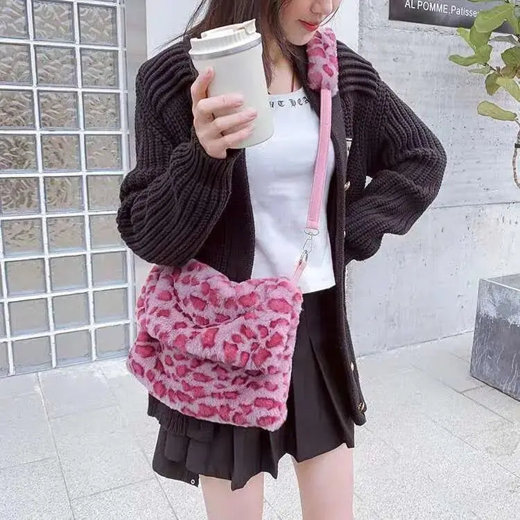 Leopard Pattern Messenger Bag Soft Plush Furry Shoulder Bags