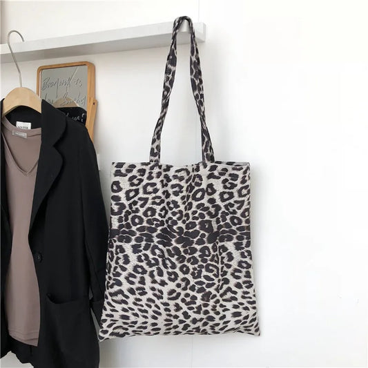 Leopard Print Canvas Shoulder Bag Women Casual Tote Handbag