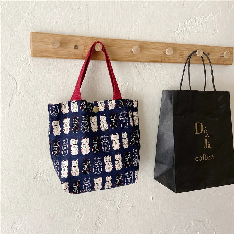 Vintage Lucky Cat Portable Lunch Bag for Women Girls Bento Handbags