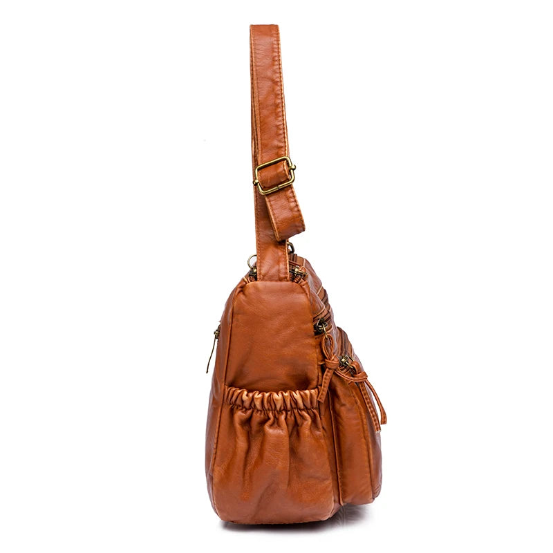 Vintage Leather Handbags Women Shoulder Bags Large Capacity Multilayer Pocket