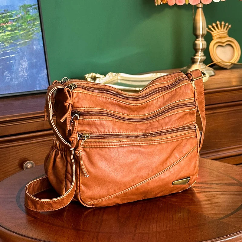 Vintage Leather Handbags Women Shoulder Bags Large Capacity Multilayer Pocket