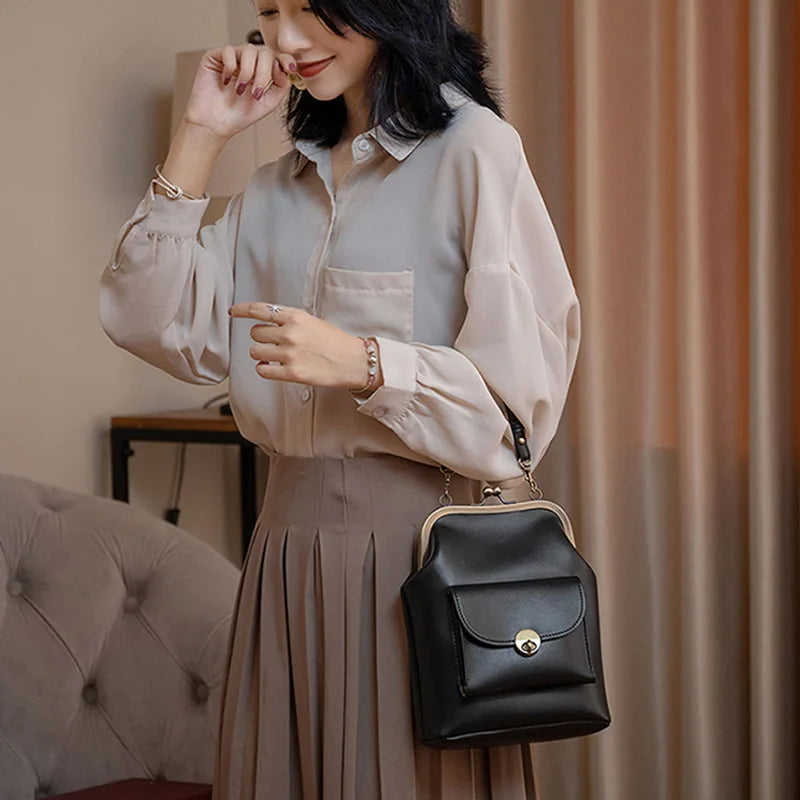 Vintage Metal Buckle Clip Women PU Leather Crossbody Bag