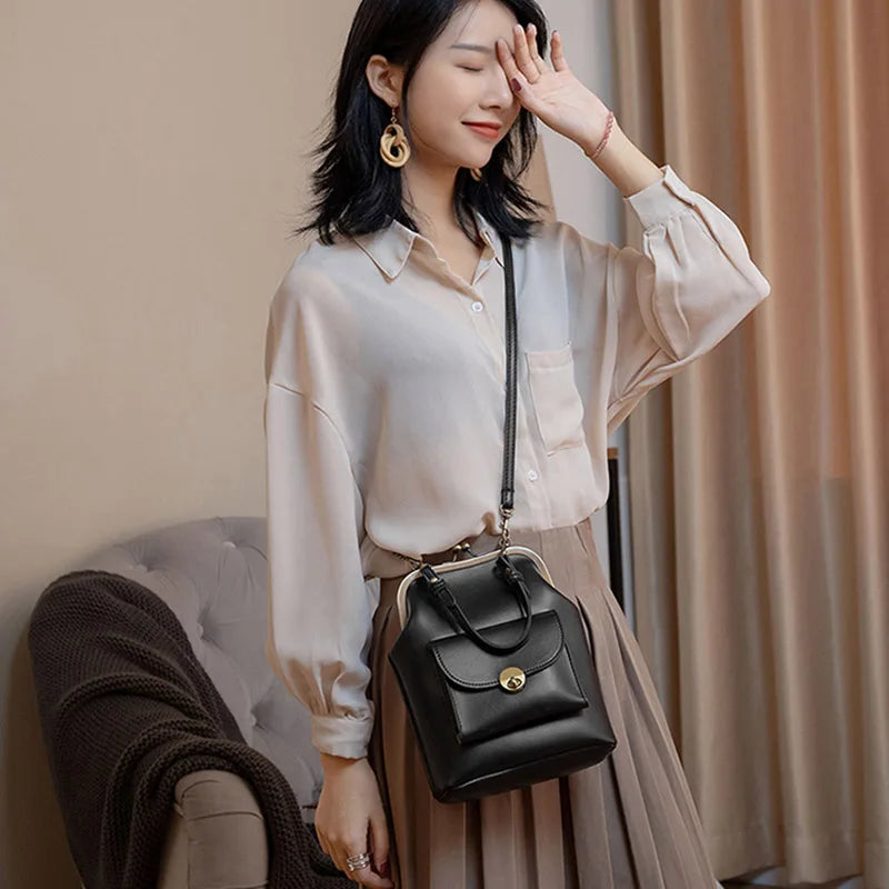 Vintage Metal Buckle Clip Women PU Leather Crossbody Bag