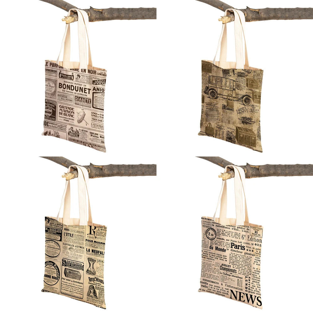 Vintage Newspaper Travel Women Shoulder Bags Canvas Lady Handbags