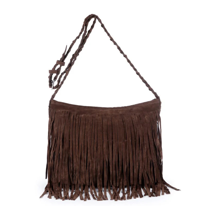 Vintage Fringe Messenger Bag Solid Zipper Shoulder Bag