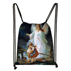 Vintage Oil Angel Print Drawstring Bags for Women