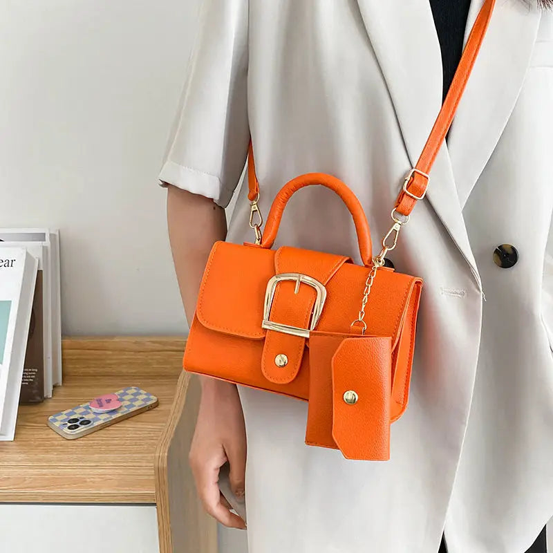 Vintage Orange Leather Shoulder Bags With Handle Mini Crossbody Bags