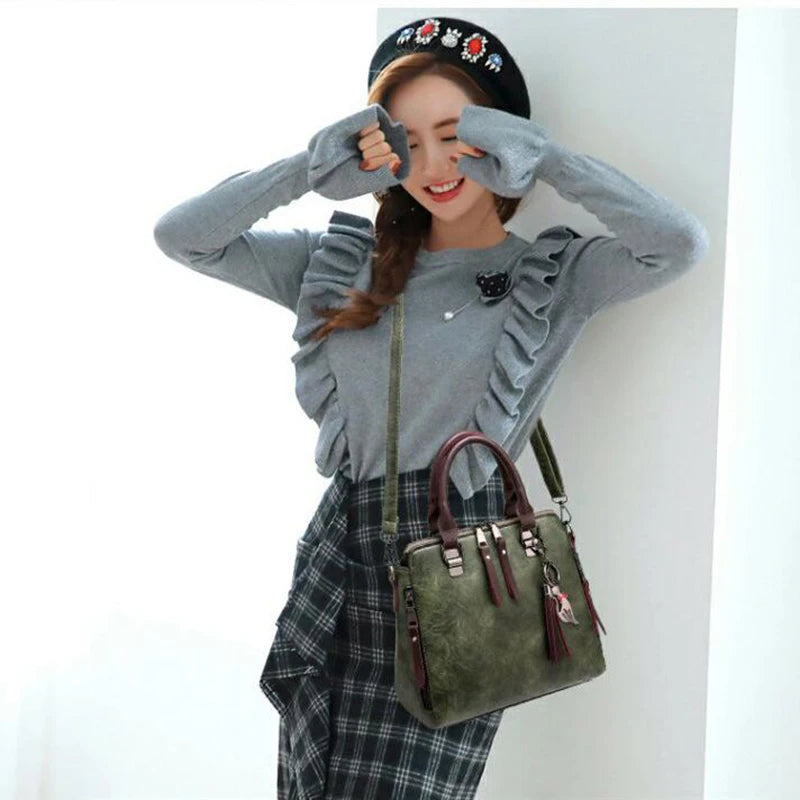 Vintage PU Leather Tassel Handbag Crossbody Shoulder Bag