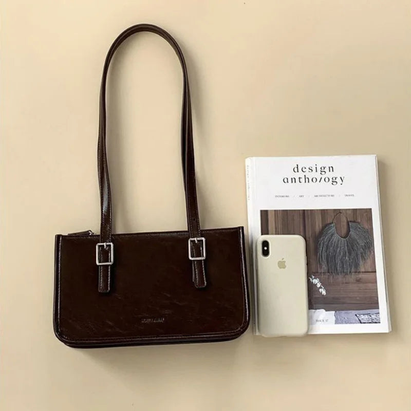 Vintage PU Leather Shoulder Bags for Women Texture Underarm Zipper Handbags OL