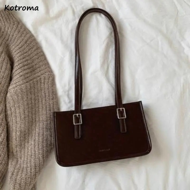Vintage PU Leather Shoulder Bags for Women Texture Underarm Zipper Handbags OL