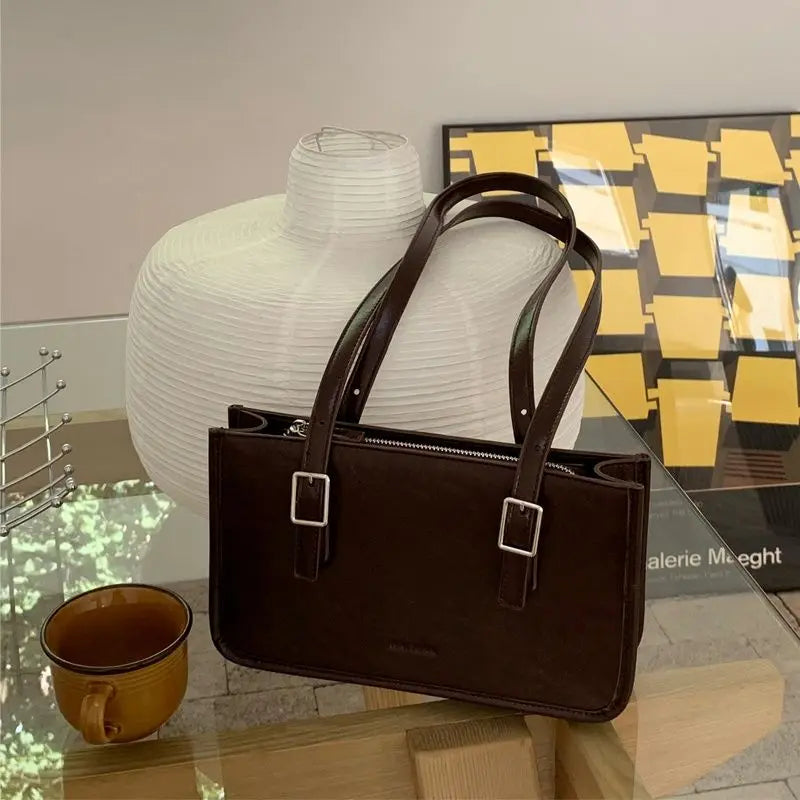 Vintage PU Leather Shoulder Bags for Women Texture Underarm Zipper Handbags OL