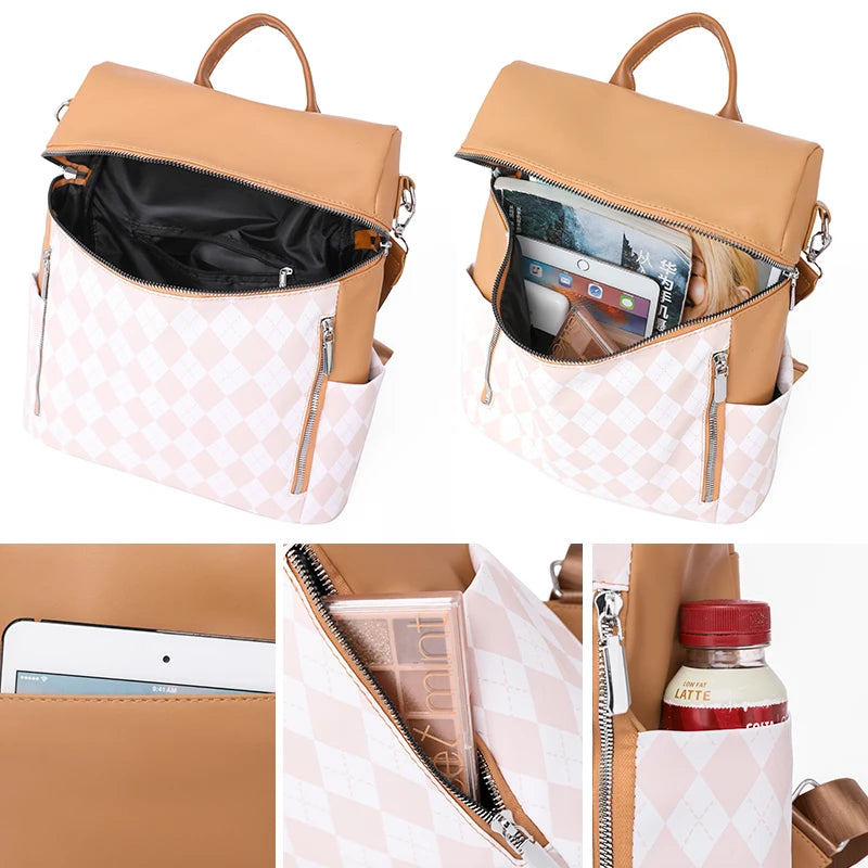 Vintage PU Leather Women's Backpack Plaid Bagpack Waterproof Rucksack