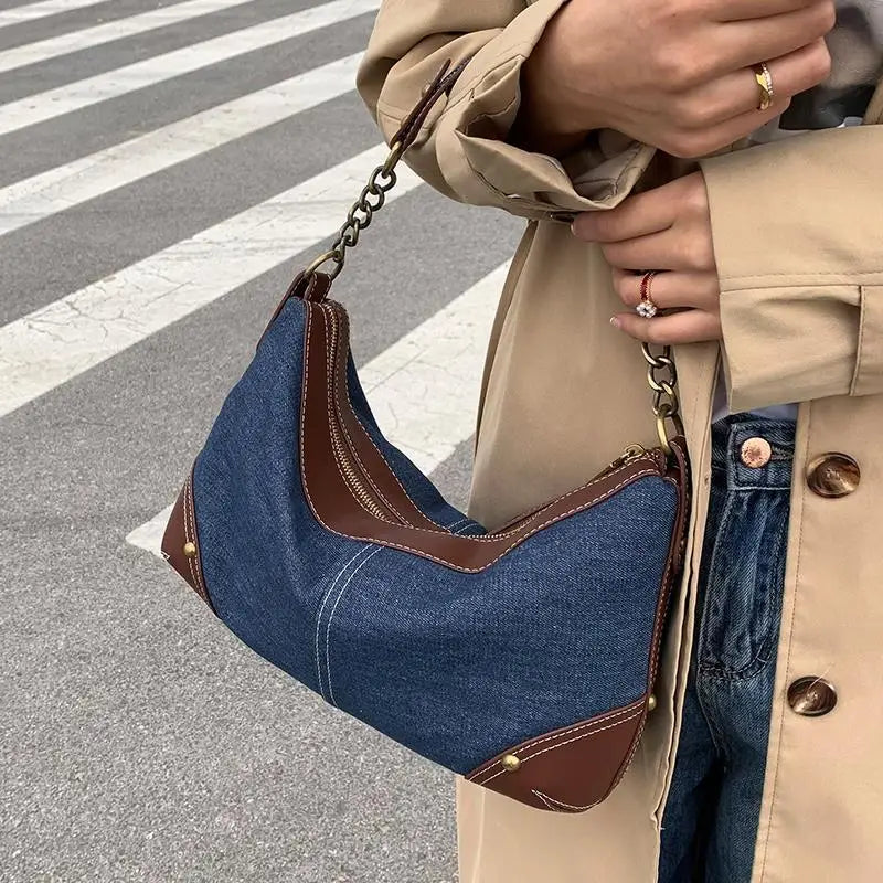 Vintage Patchwork Denim Women's Underarm Bag Rivet Chain Shoulder Bag