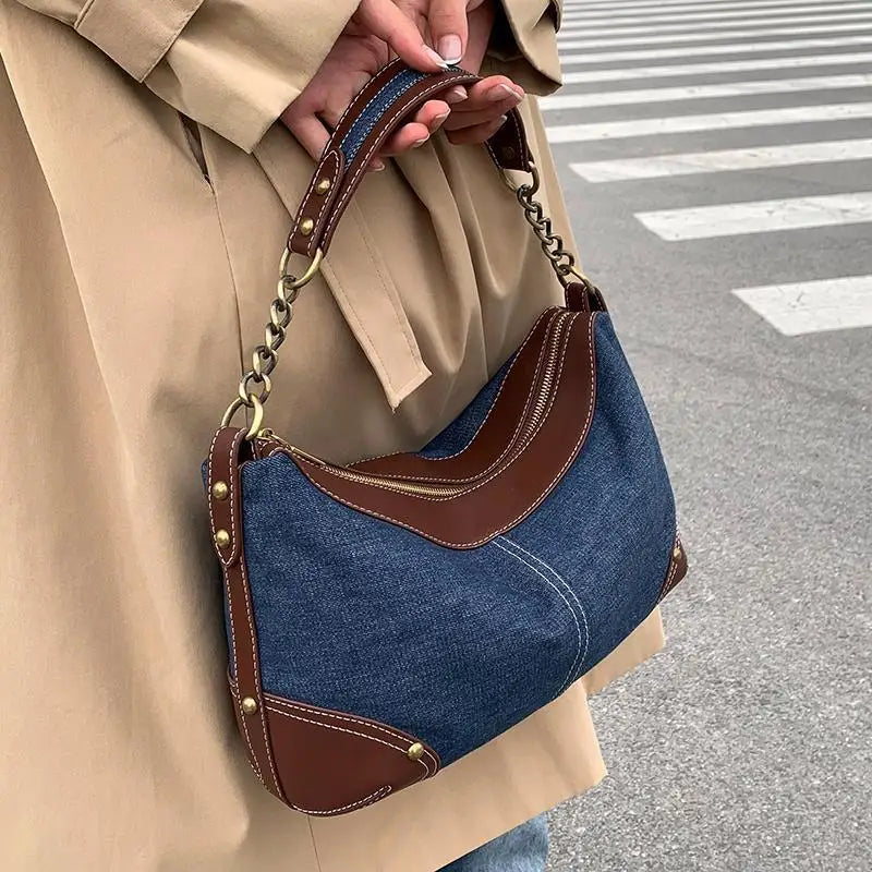 Vintage Patchwork Denim Women's Underarm Bag Rivet Chain Shoulder Bag