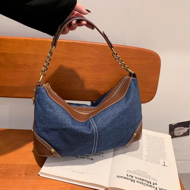 Vintage Patchwork Denim Women's Underarm Bag Rivet Chain Shoulder Bag