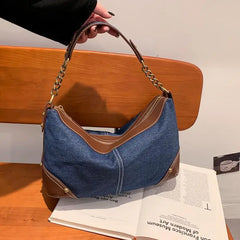 Vintage Patchwork Denim Women's Underarm Bag Rivet Chain Shoulder Bag