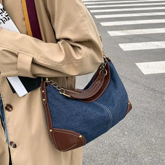 Vintage Patchwork Denim Women's Underarm Bag Rivet Chain Shoulder Bag