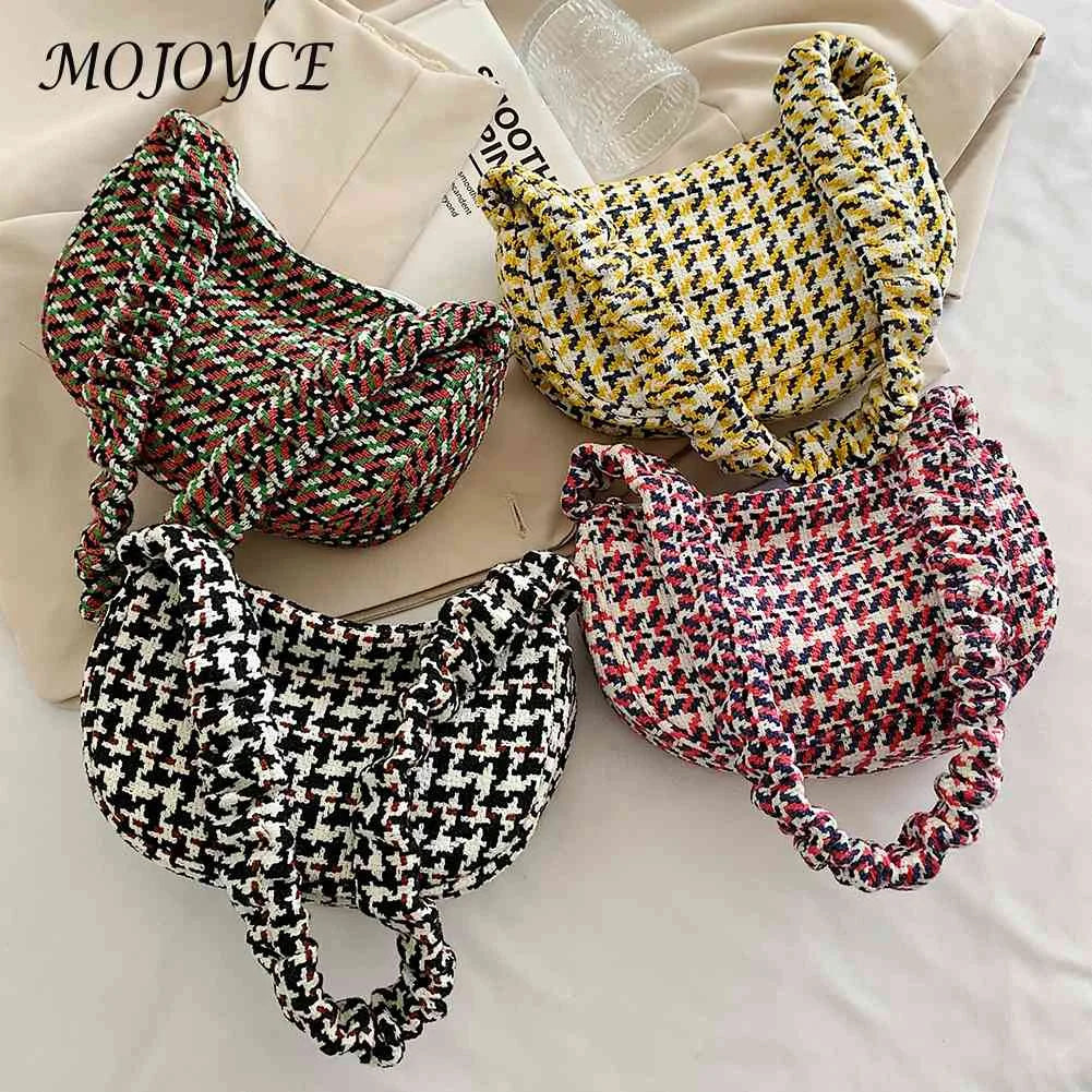 Vintage Plaid Shoulder Bag Half Moon Shaped Tote