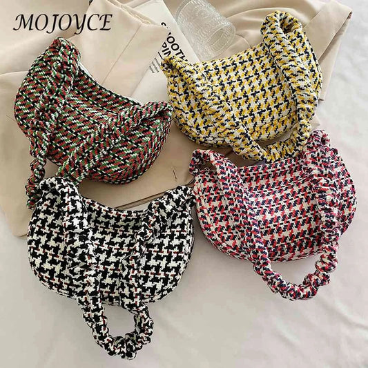 Vintage Plaid Shoulder Bag Half Moon Shaped Tote