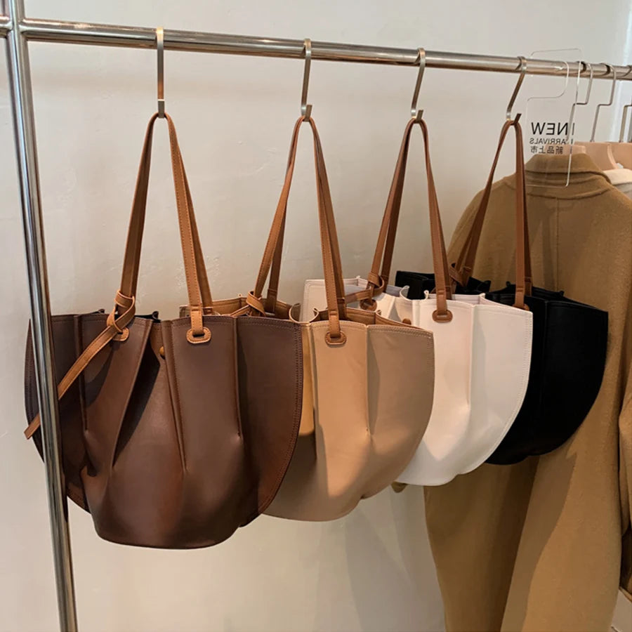 Vintage Pleated PU Shoulder Bags for Women Large Capacity