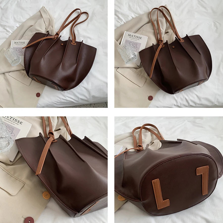 Vintage Pleated PU Shoulder Bags for Women Large Capacity