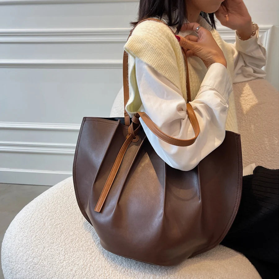 Vintage Pleated PU Shoulder Bags for Women Large Capacity
