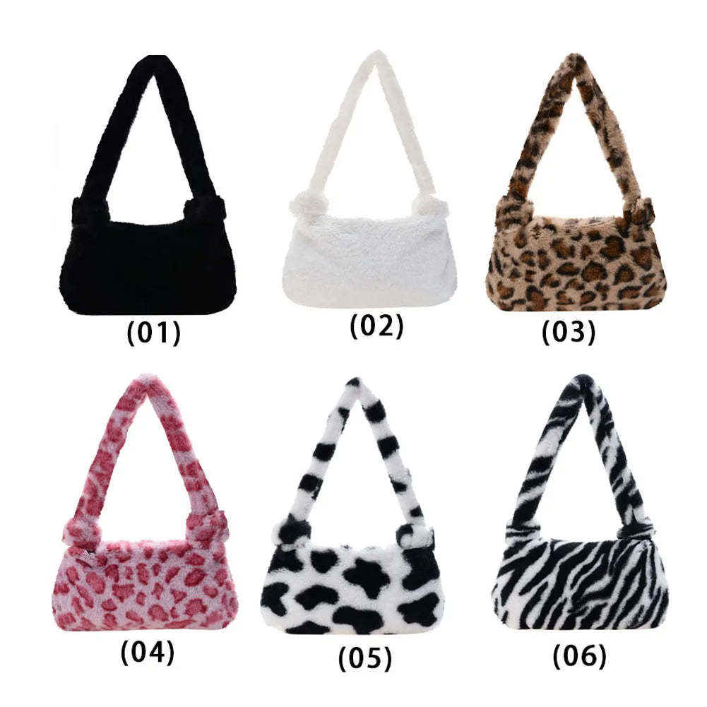 Vintage Plush Shoulder Bags For Women Casual Animal Pattern Underarm Handbags