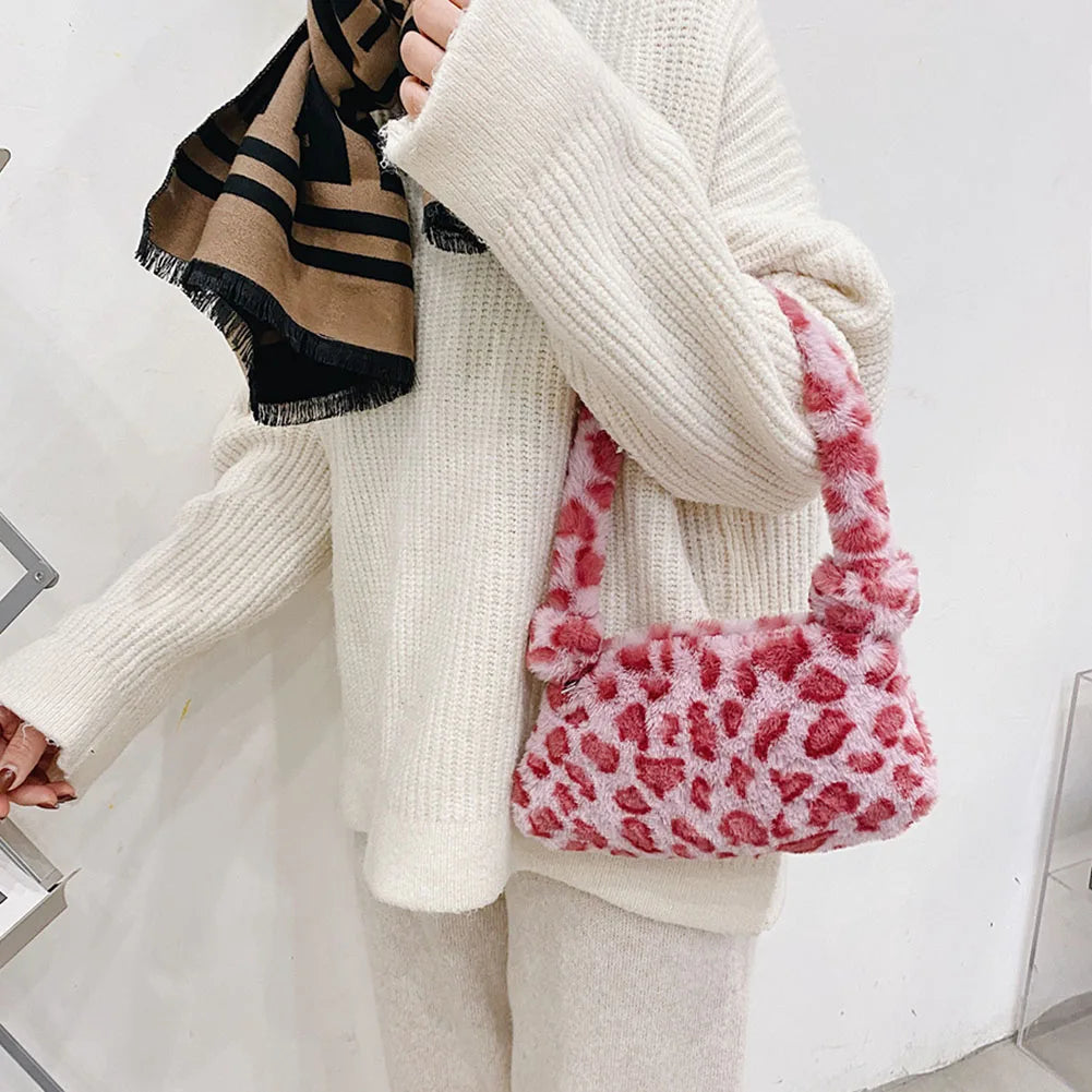 Vintage Plush Shoulder Bags For Women Casual Animal Pattern Underarm Handbags