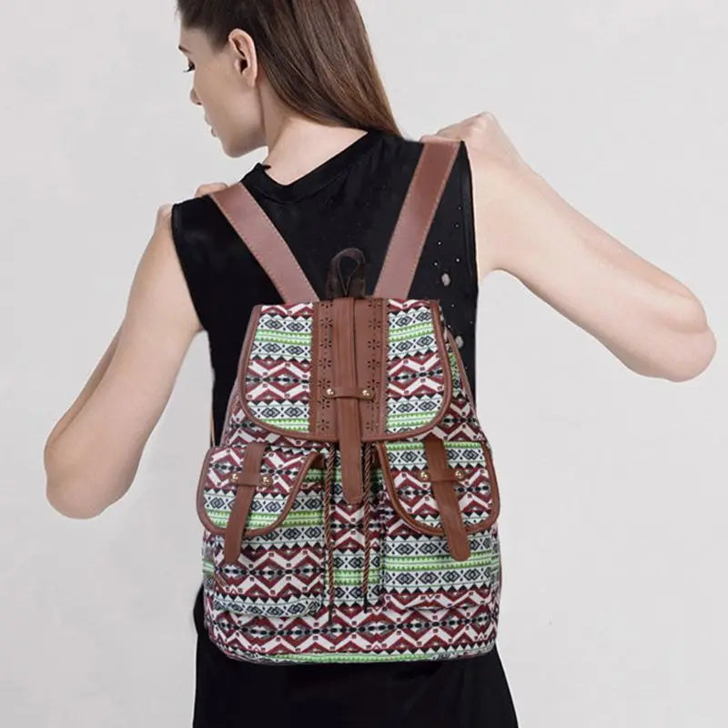 Vintage Print Canvas Ethnic Backpack for Girls School Student