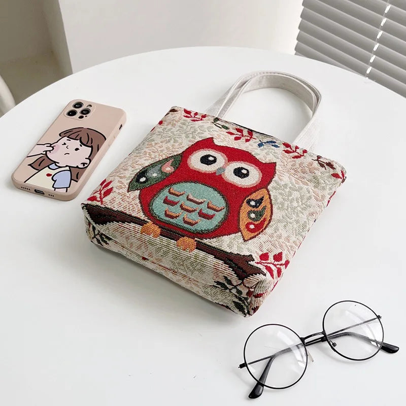 Vintage Graffiti Embroidery Animal Print Tote Bag with Short Handles