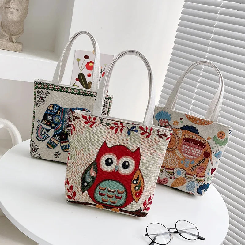 Vintage Graffiti Embroidery Animal Print Tote Bag with Short Handles