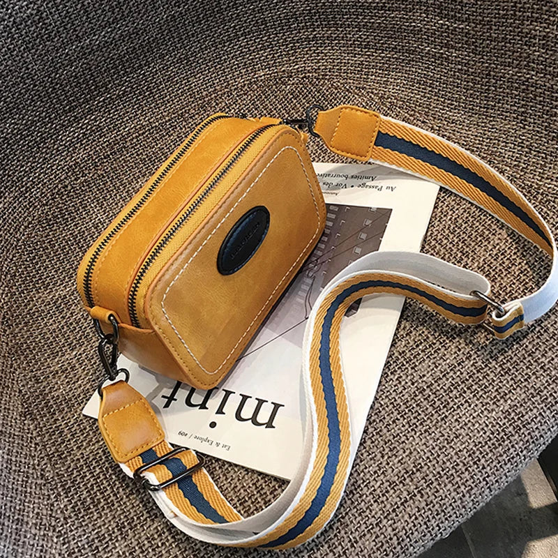 Vintage Wide Strap Crossbody Bag PU Leather Lady Shoulder Messenger