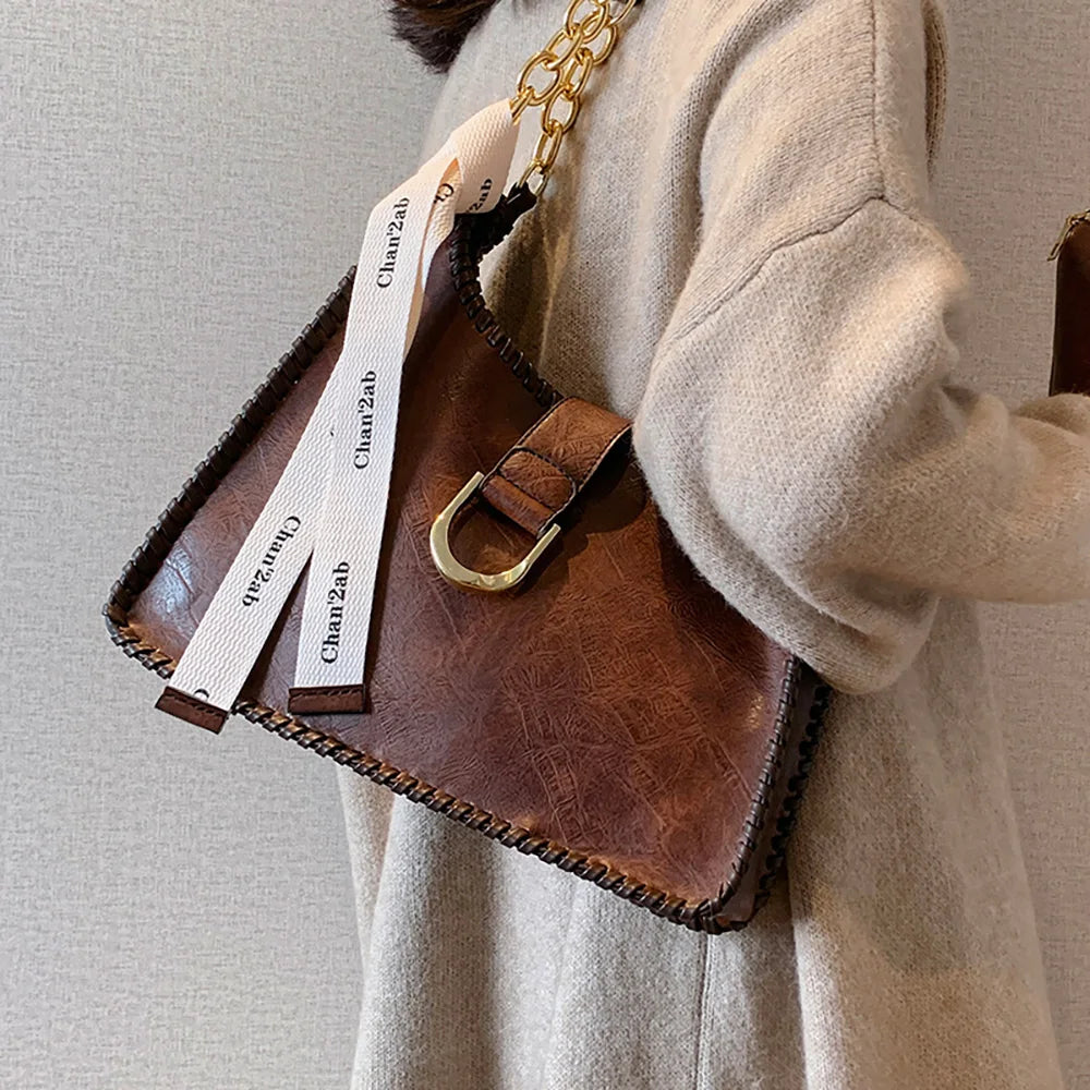 Vintage PU Leather Women Underarm Bags Large Capacity Ladies Commuter Chains Sho