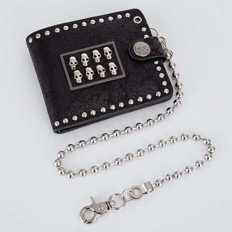 Vintage Punk Rock Skull Heads Cross Biker Wallet with Key Chain