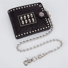 Vintage Punk Rock Skull Heads Cross Biker Wallet with Key Chain