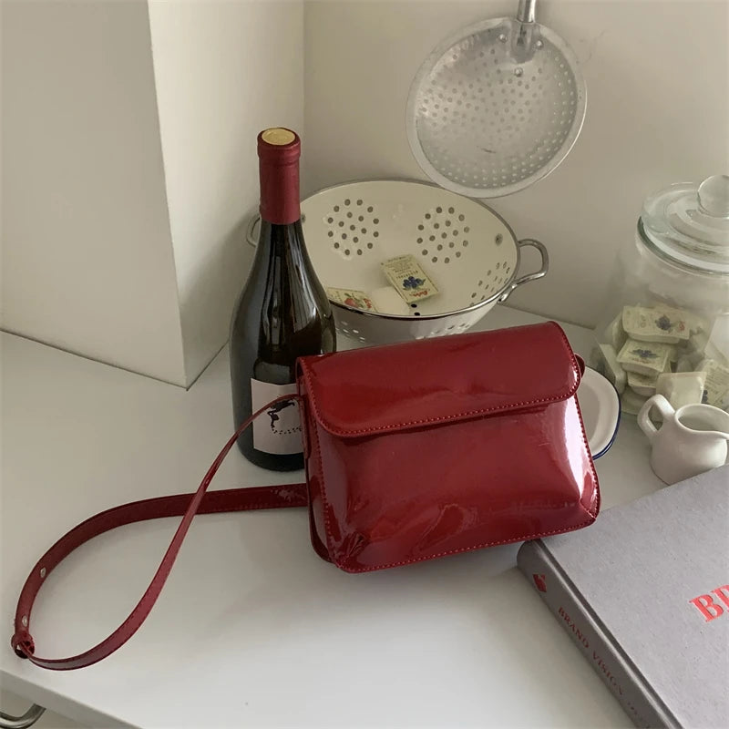 Vintage Red Patent Leather Shoulder Bag Women Messenger Purse