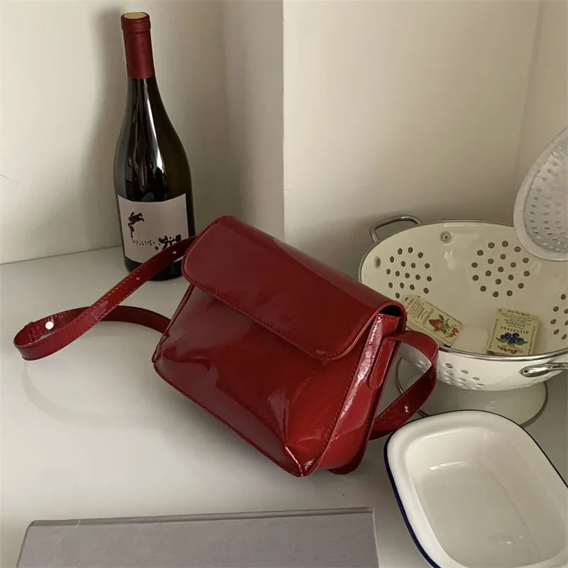 Vintage Red Square Shoulder Bag Patent Leather Ladies Messenger Clutch Purse
