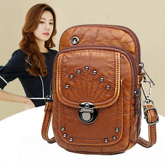 Vintage Rivet Shoulder Bag Soft PU Leather Mobile Phone Bag Small Crossbody Bag